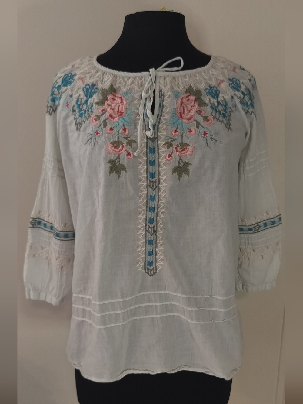 Johnny Was Ivory Embroidered Peasant Tunic with Pink & Teal Flowers